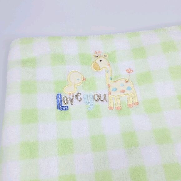 Carters Just One Year Baby Blanket Gingham Check Green Love You Giraffe Duck - Picture 2 of 6